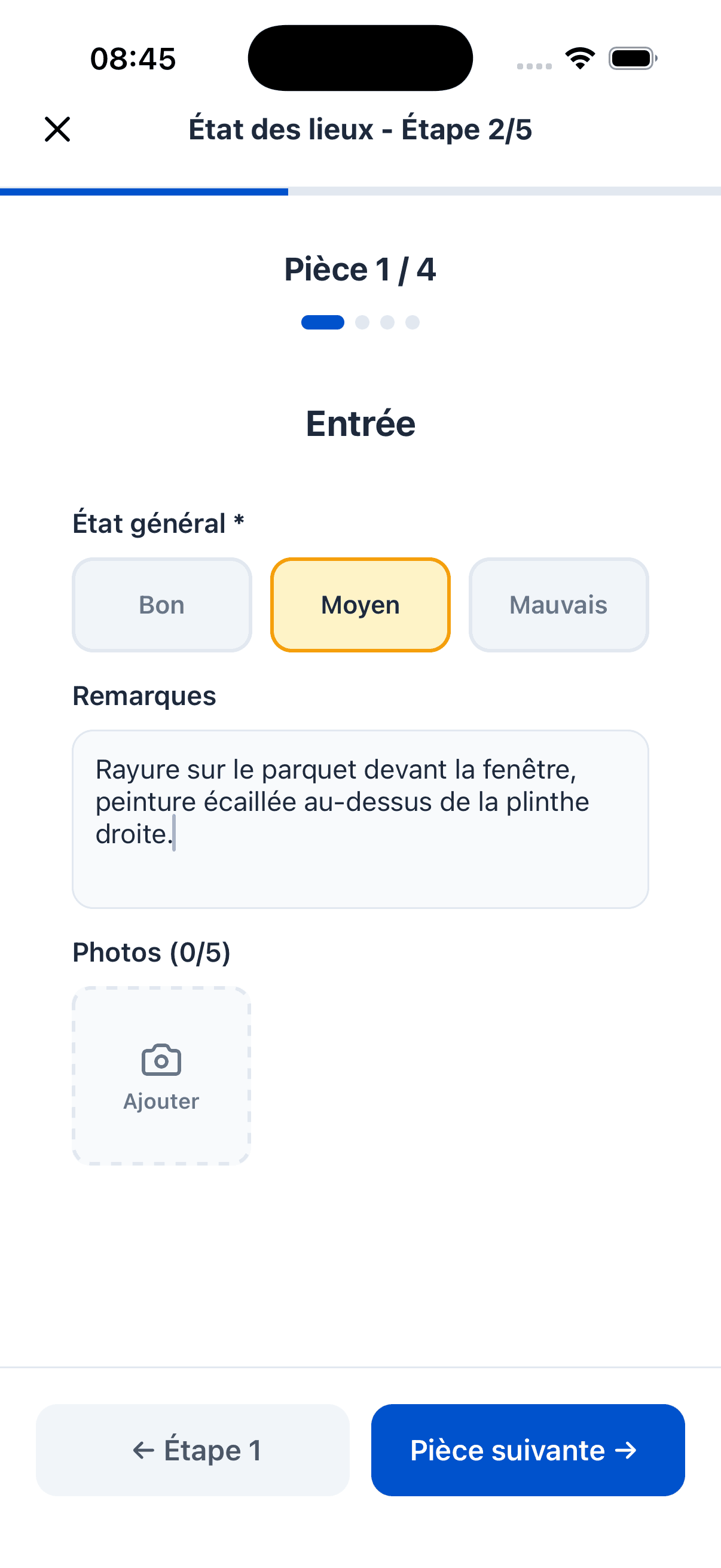 État des lieux — état d'une pièce