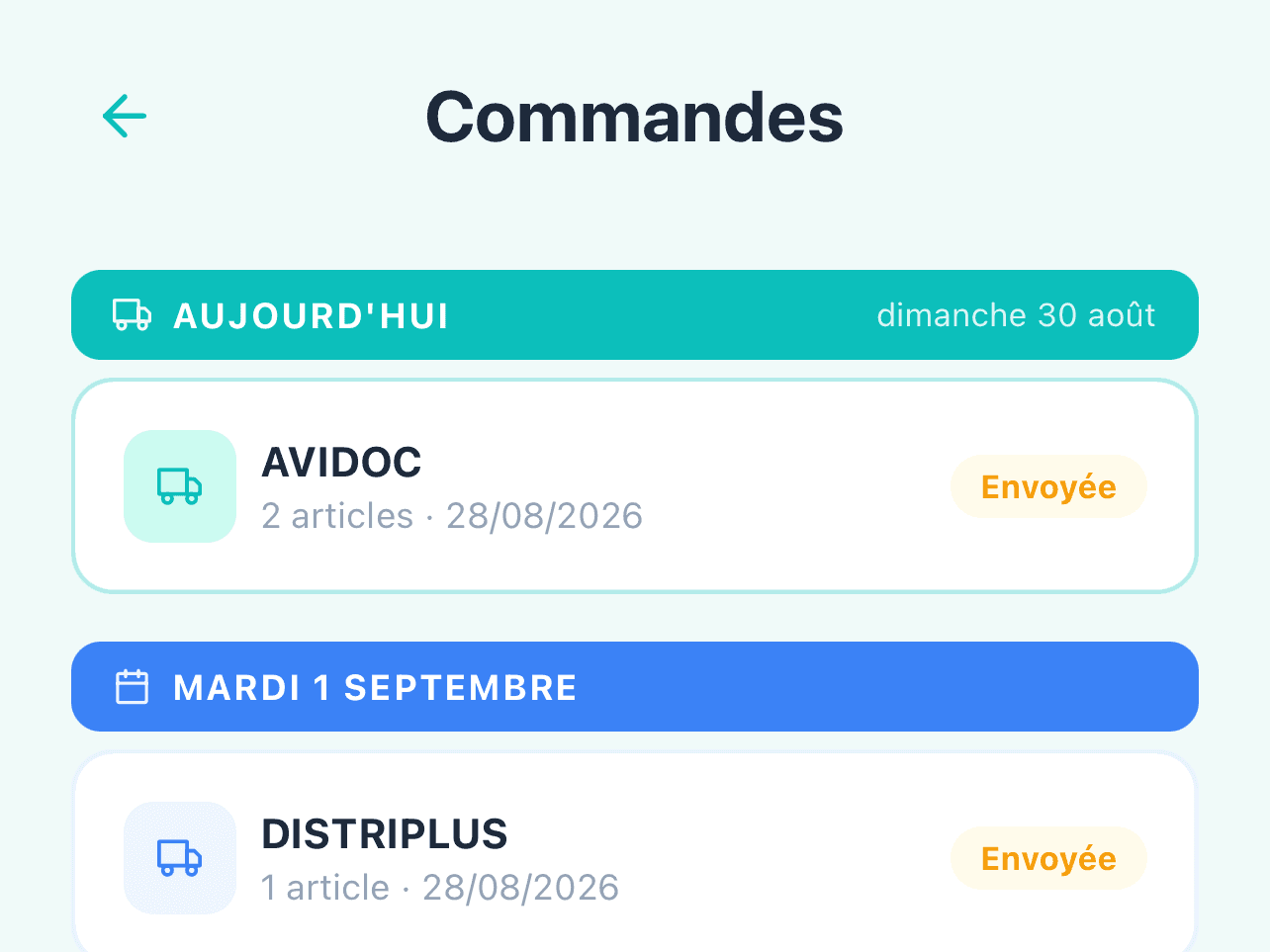 App mobile — commandes groupées par date de livraison